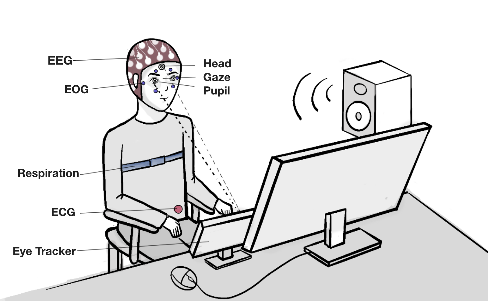 Sketch of a participant sitting in the experiment booth with electrodes placed at the respective modalities' locations.